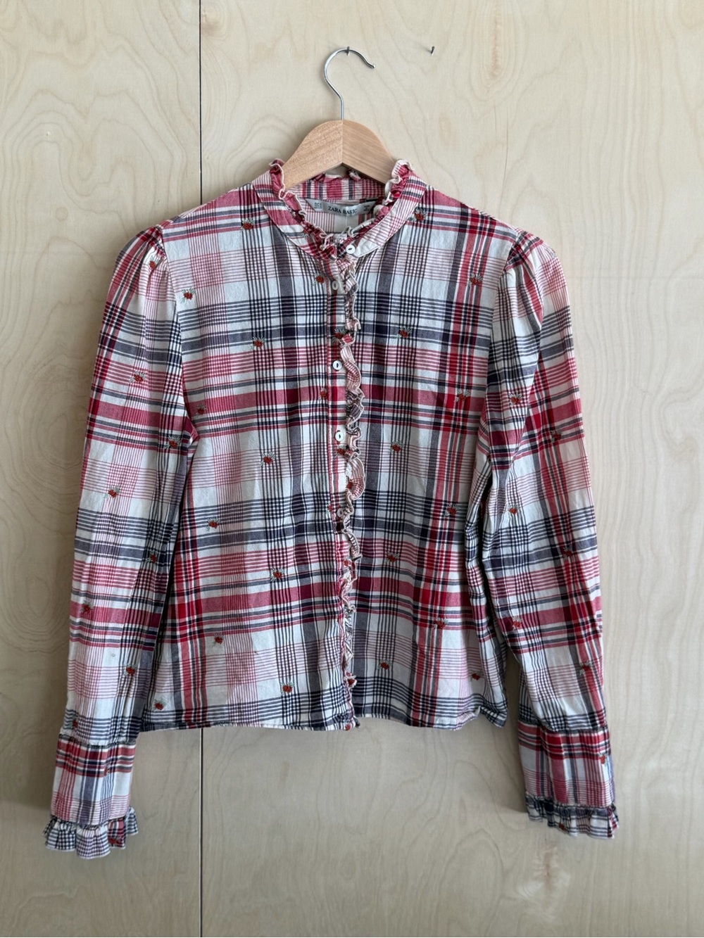 Zara Red White and Black Plaid Ruffle Button-Front Blouse